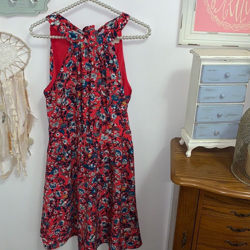 LOFT Floral Halter Swing Dress Size S Red Blue Sleeveless Flowy Mini Sundress